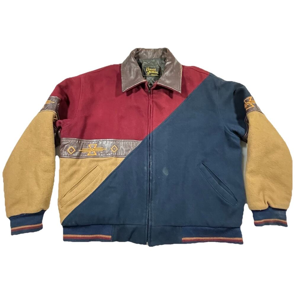 Vintage David James Wool Leather Western Bomber Jacket USA Colorblock XL